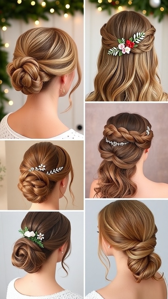 Collage of elegant Christmas hairstyles including updos and loose waves, set against a festive background.